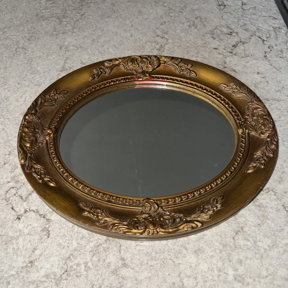 VTG Crown Fine Arts Ornate Bronze framed Mirror Oval 13X11 Gallery Wall READ